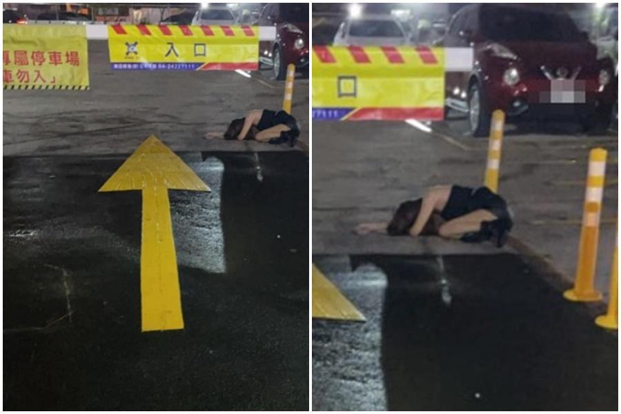 停車場停車竟驚見身材姣好的辣妹跪在入口，讓路人嚇壞。（翻攝自爆怨公社）