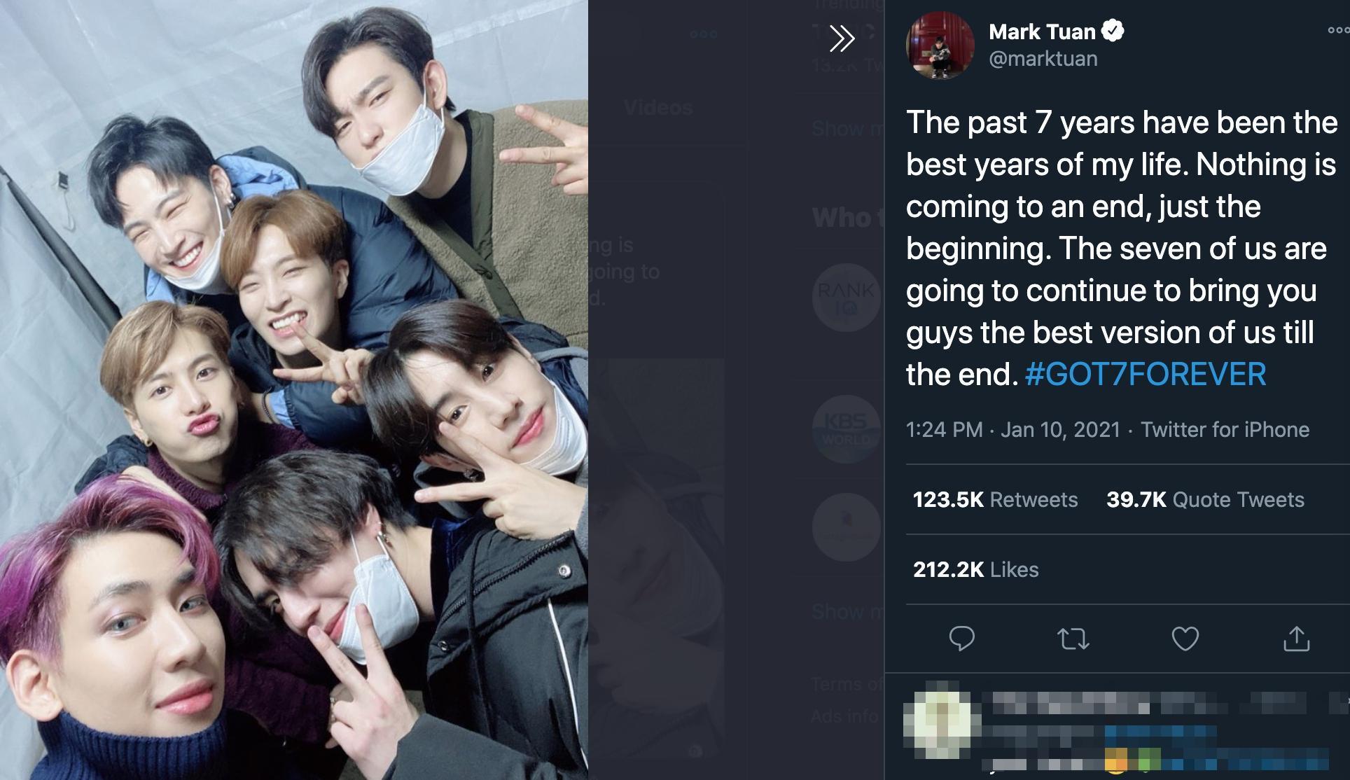 Mark段宜恩與多位GOT7成員貼出同一張照片，並tag「#GOT7FOREVER」。（截圖自Mark推特）
