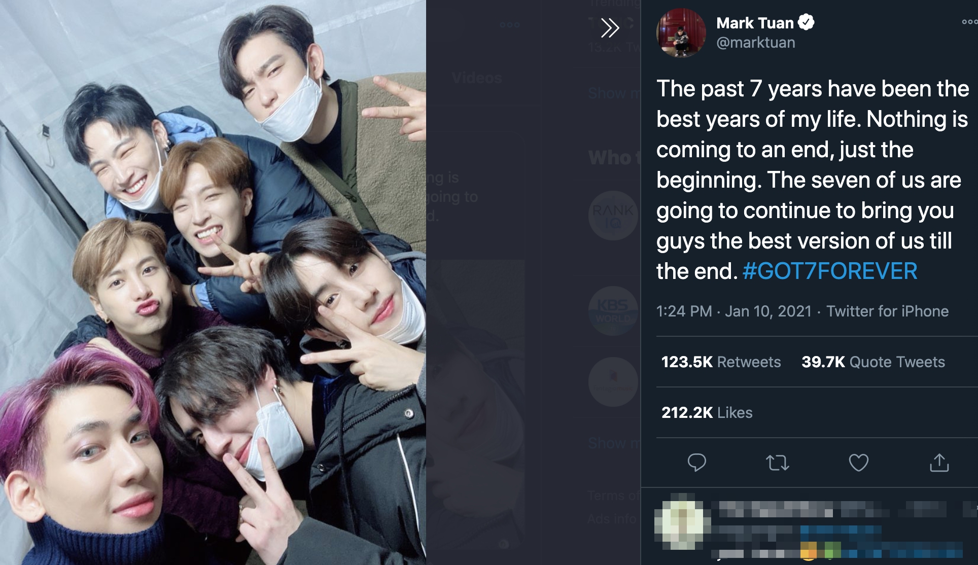 Mark段宜恩與多位GOT7成員貼出同一張照片，並tag「#GOT7FOREVER」。（截圖自Mark推特）