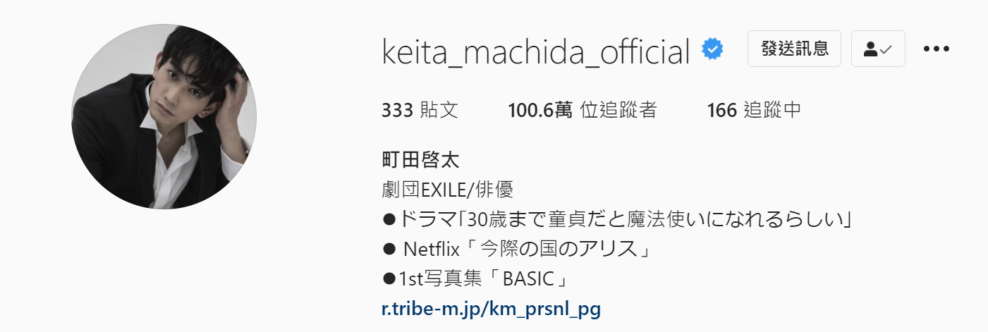町田啓太的IG追蹤人次在前天突破百萬。（翻攝自町田啓太Instagram）