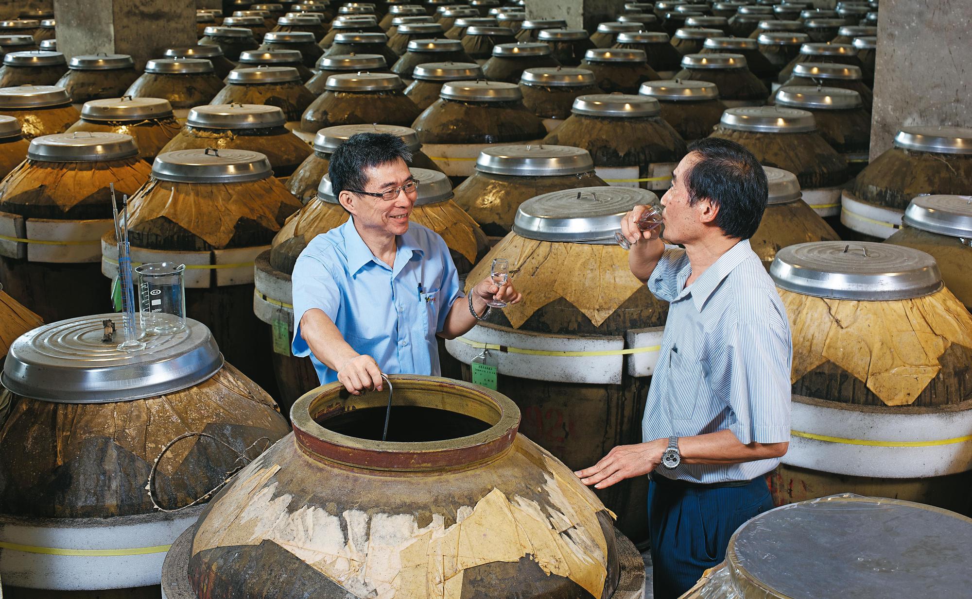 製酒師傅在甕邊試飲，感受高粱陳年後的風味變化。