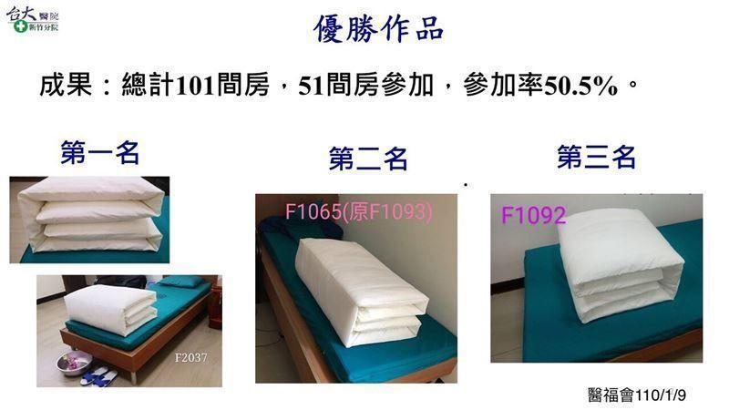 第一名連鋼盆、藍白拖都擺放得整整齊齊。（醫福會提供）