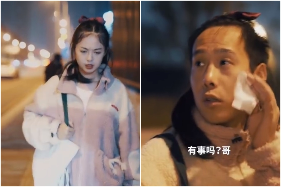 女子拿出紙巾卸妝，結果素顏反差極大，成功嚇跑跟蹤的路人。（翻攝微博）