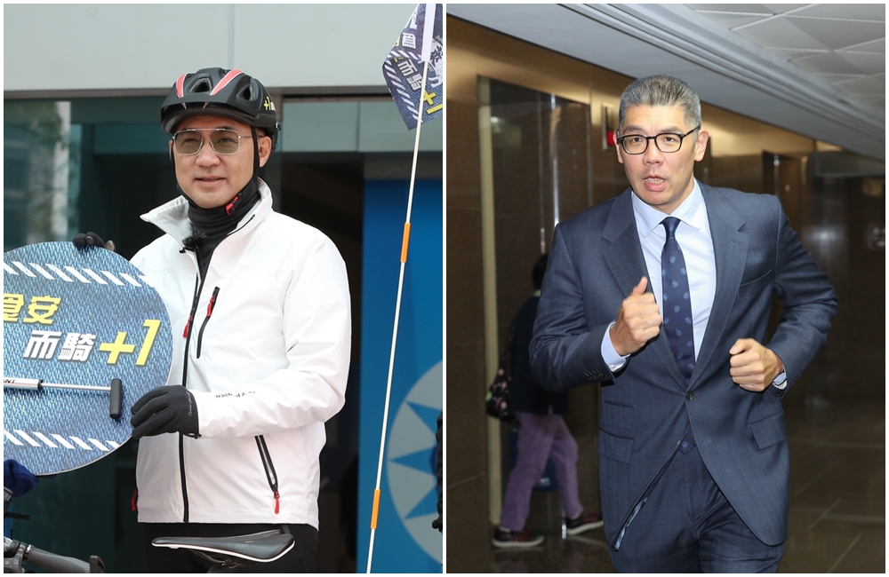 江啟臣（左）今天出席「公投連署，縱騎台灣」活動，會前剛好連勝文（右）打來，但江沒有接起電話。