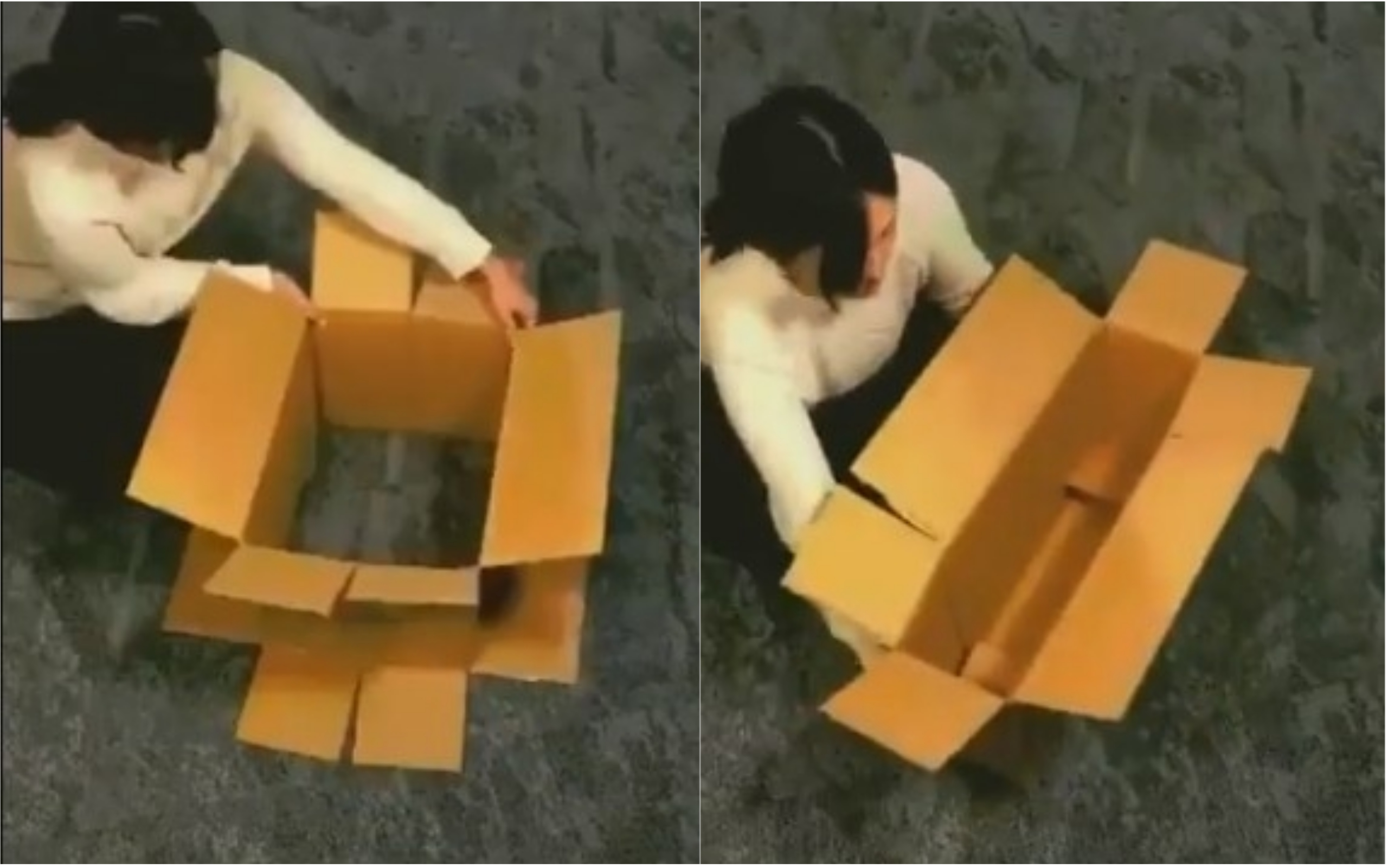 再來將紙箱凹折一番,長度變長的紙箱秒get。(翻攝自A_Kawin推特)