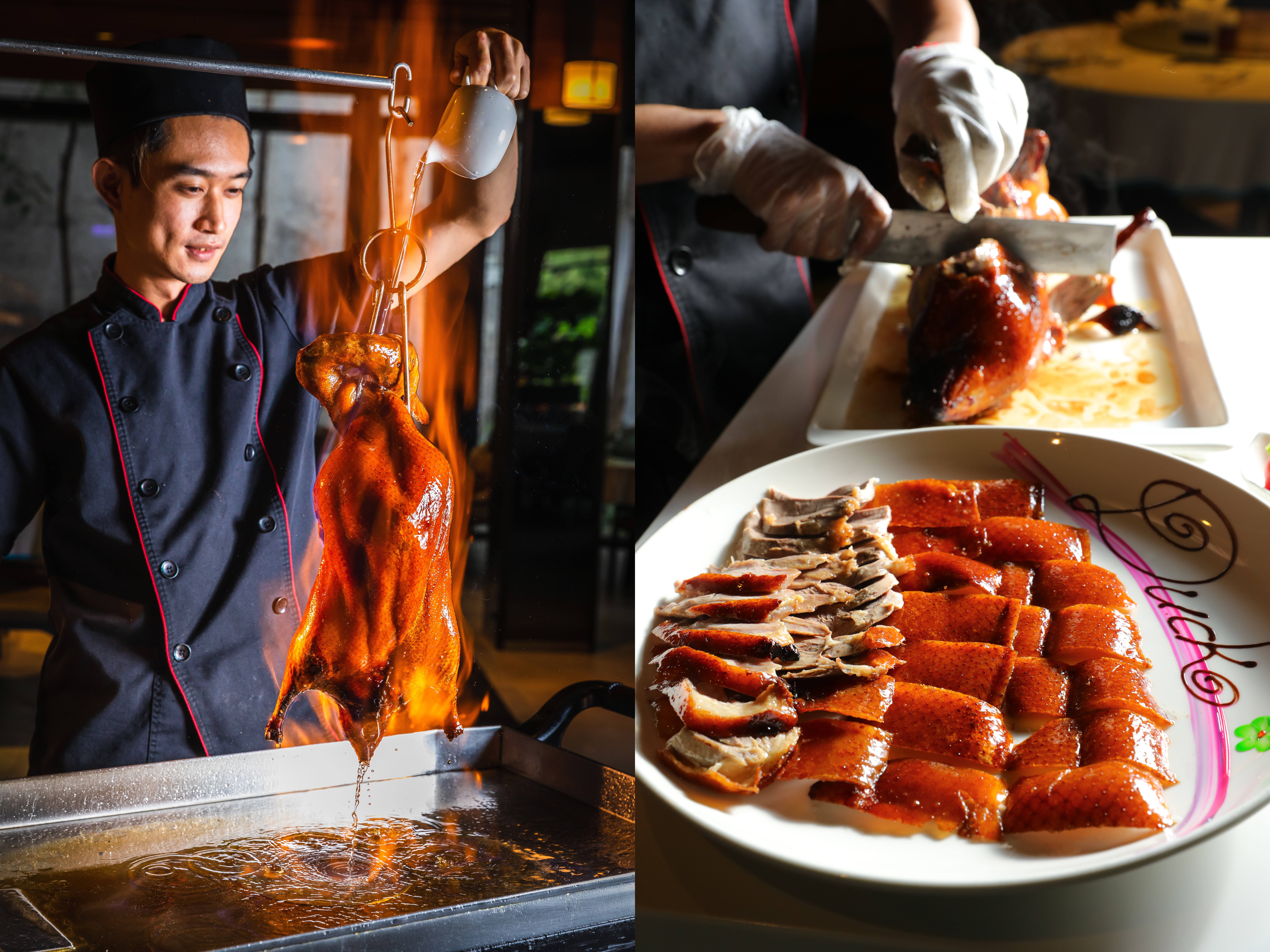 台中餐飲競爭激烈，不但要好吃，還得做足戲劇效果。「頂園全鴨坊」的桌邊淋火秀是最佳代表。