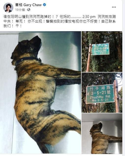 曹格貼出被救援的狗照片，也譴責肇事者。（翻攝自曹格臉書）