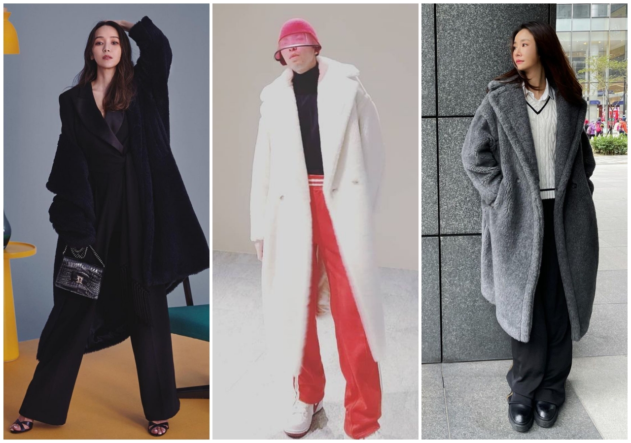 侯佩岑（左起）、蕭敬騰、林心如，都在寒冬中穿上泰迪熊大衣禦寒。（華敦提供）