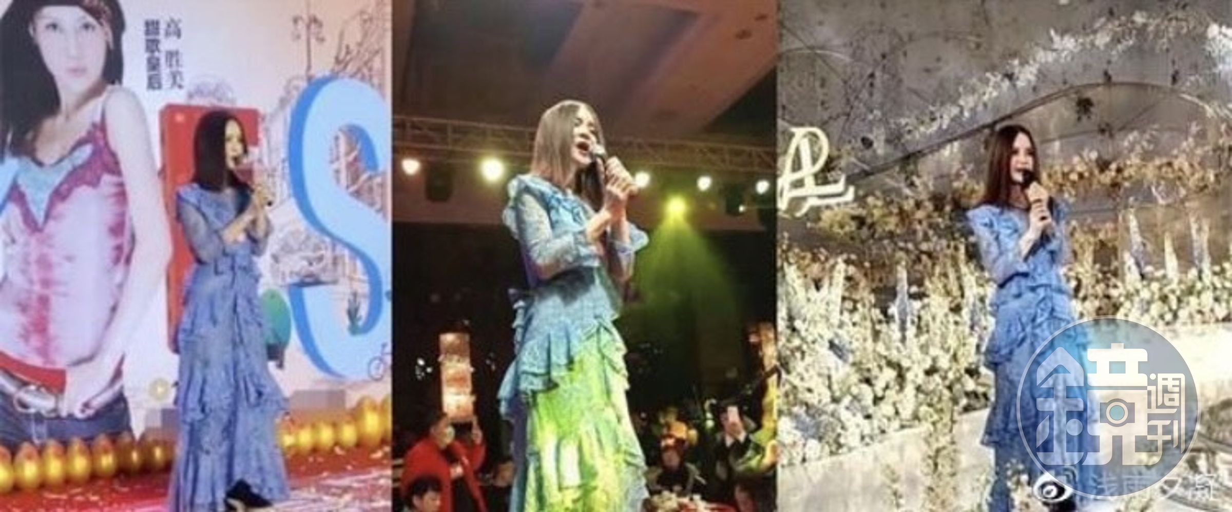 高勝美羽絨外套內搭的淺藍色洋裝是她常演出的衣服，網友虧她「一身演出服走天下」。（翻攝自微博）