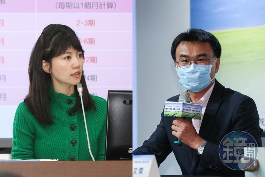 立委高嘉瑜（左）今質詢農委會委陳吉仲（右）時稱「台灣豬標章」陷很多店家於不義。（本刊資料照）