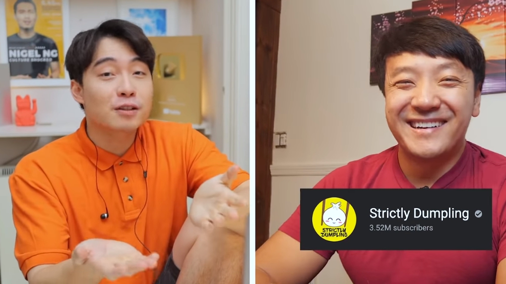 「羅傑叔叔」黃瑾瑜（左），因合作對象陳興（右）反共，緊急將影片下架道歉。（翻攝自mrnigelng YouTube）