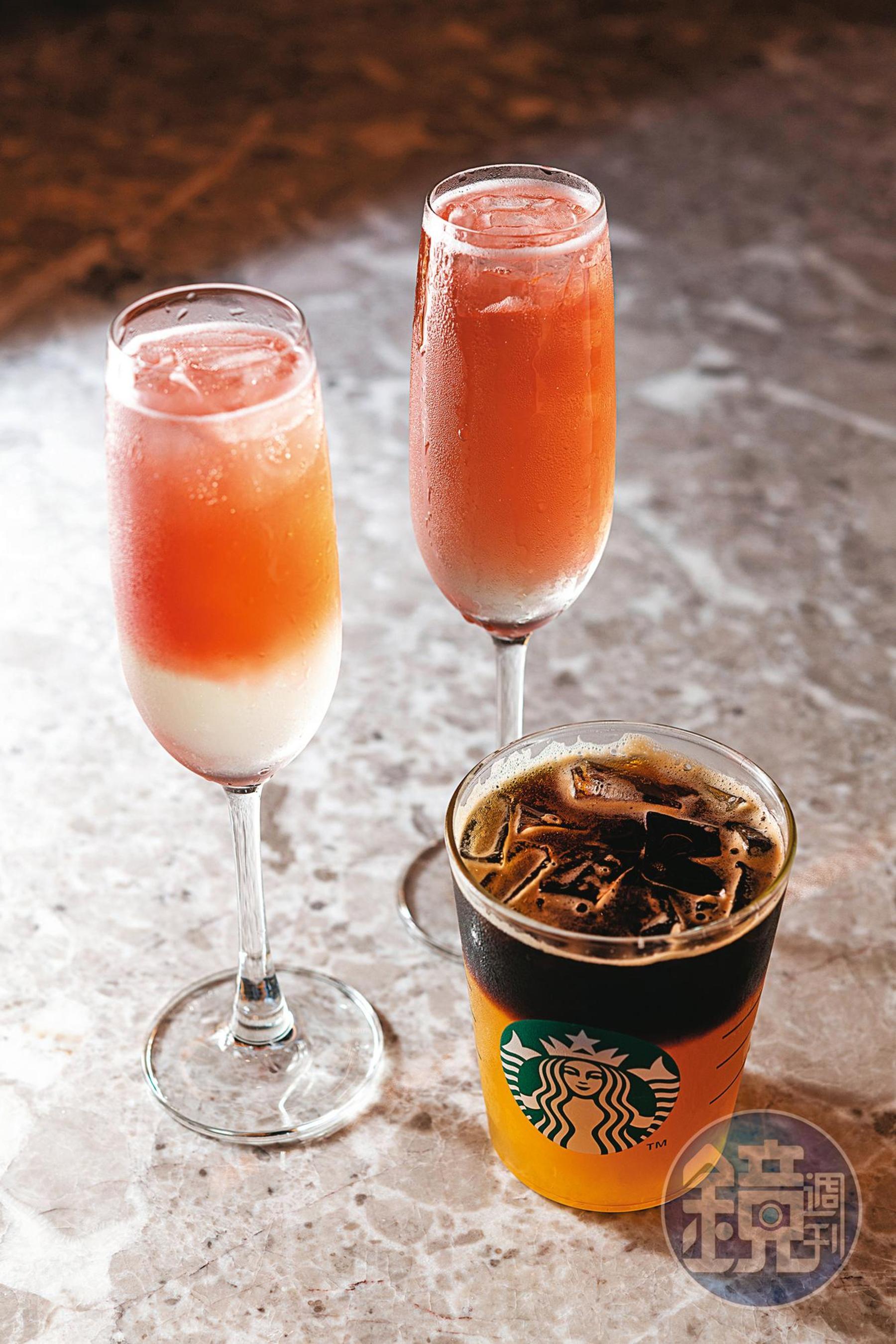 星巴克時代寓所店能喝到不少限定飲品,包括「粉紅年代氣泡調酒」(後,400元/1組2杯)與「金桔香柚冷萃咖啡啤酒」(前,200元/杯)。