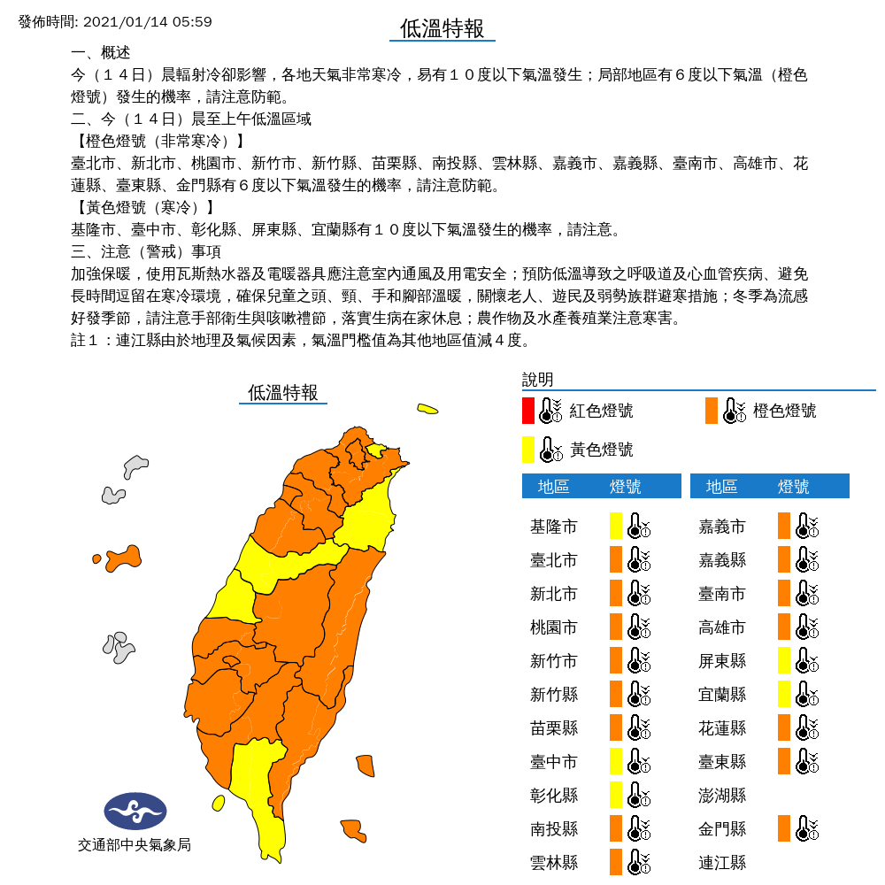 清晨中央氣象局針對全台20縣市發布「低溫特報」。(中央氣象局提供)