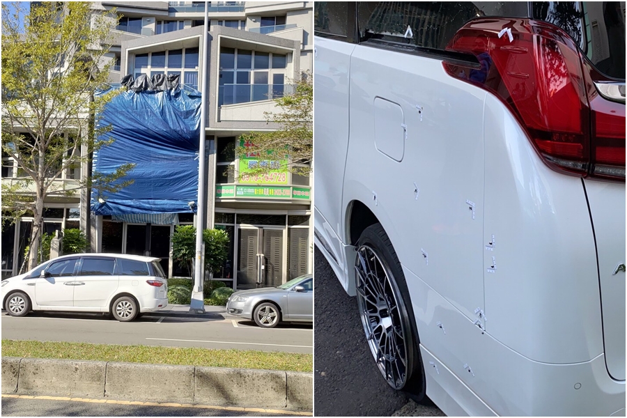 被開槍的當鋪還在裝修，屋外掛了藍色帆布，無人傷亡；停在當鋪外的白色休旅車彈痕累累，彭姓嫌犯共開62槍。（翻攝畫面）