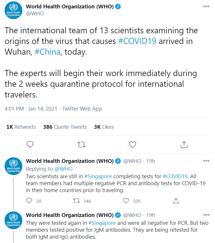 WHO透露,調查團隊中2名成員因抗體驗出陽性反應,未能登機,其餘專家們已非底武漢。(翻攝自WHO推特)