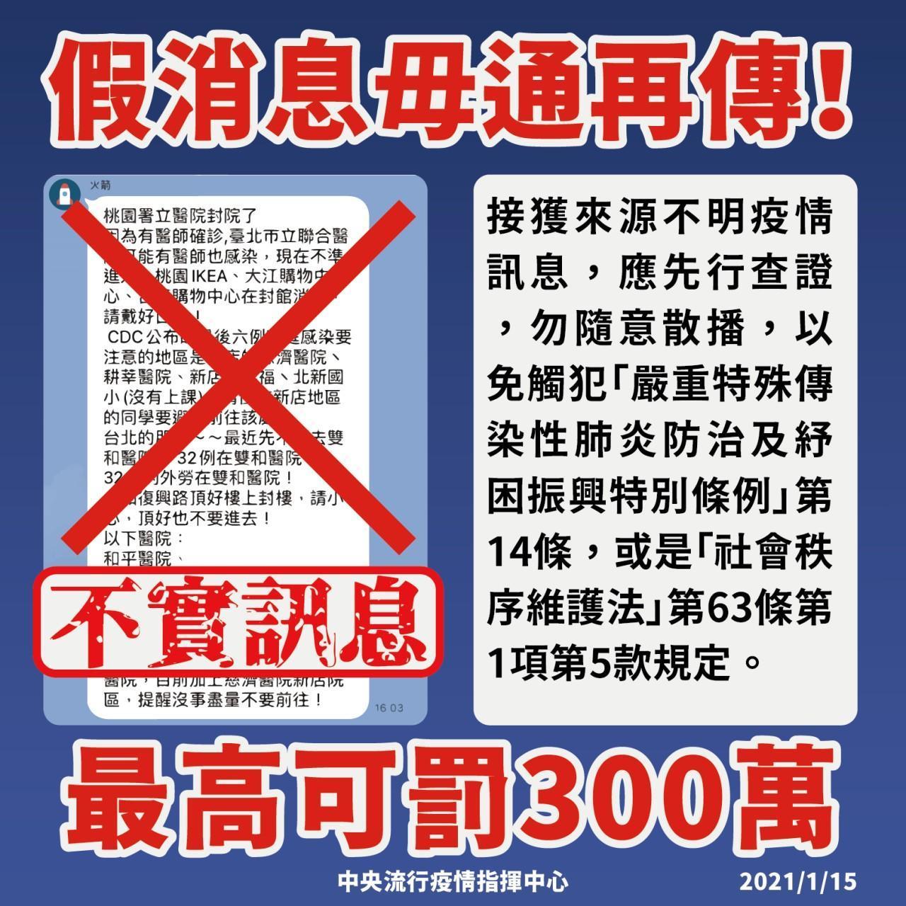 指揮中心指出,近日通訊媒體出現幾則假消息。(指揮中心提供)