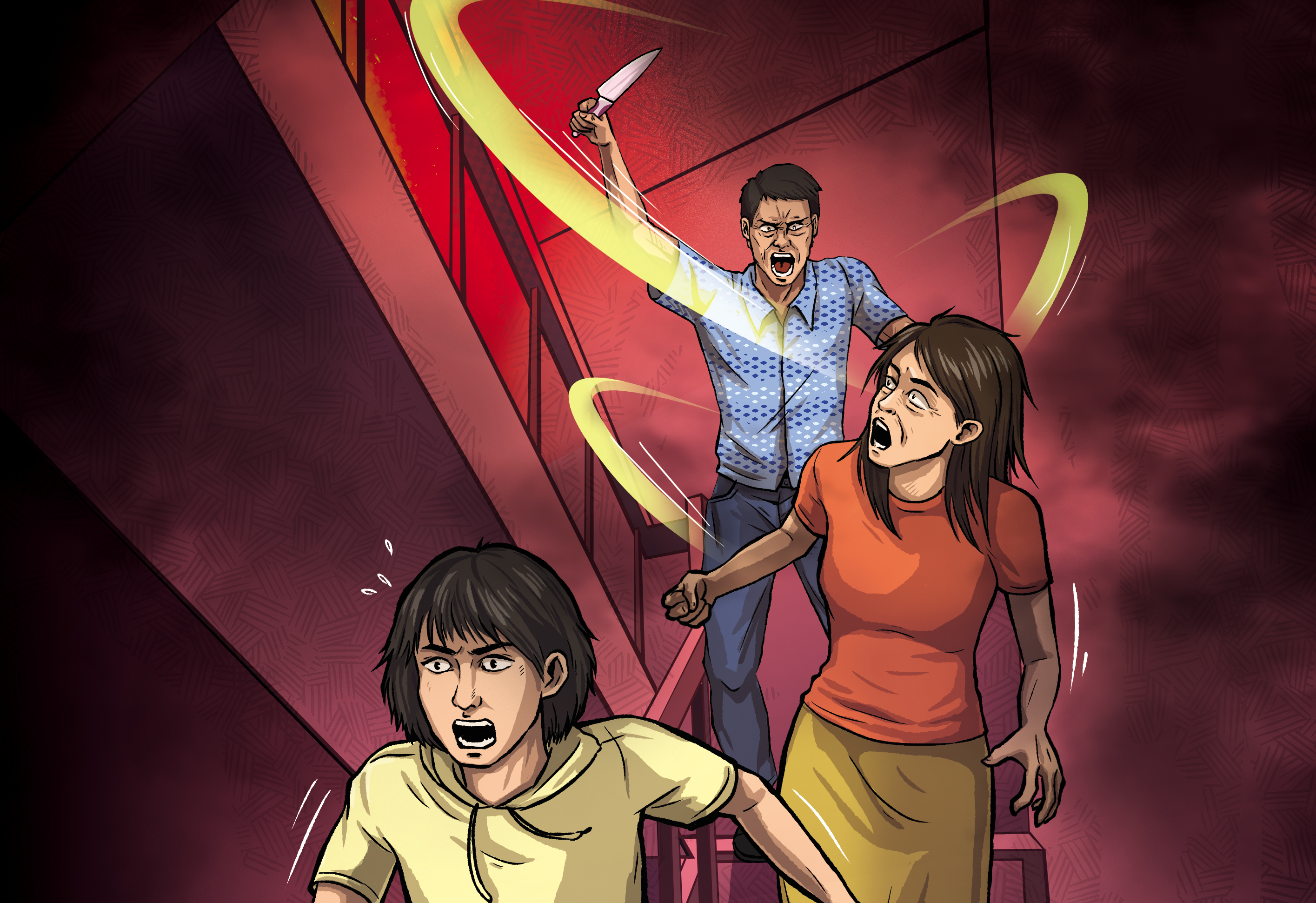 凶手蔡永清縱火後，持刀瘋狂追殺余姓母女。