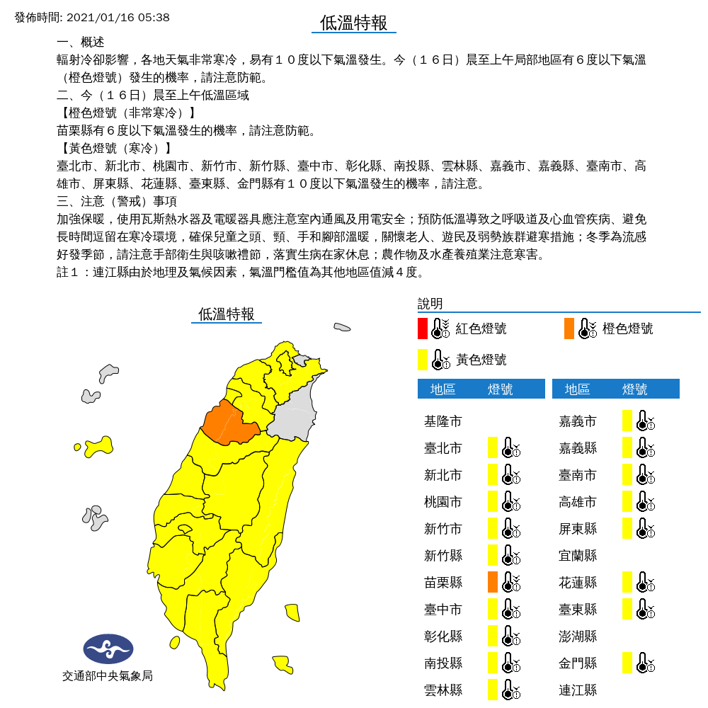 清晨全台仍受輻射冷卻影響,中央氣象局針對全台18縣市發布「低溫特報」。(中央氣象局提供)