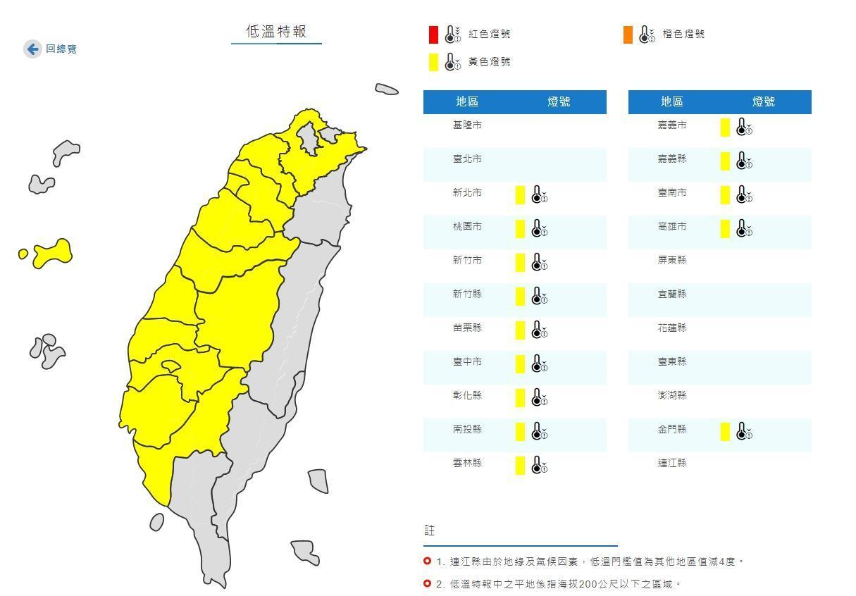 中央氣象局針對14縣市發布低溫特報。(翻攝自中央氣象局網站)