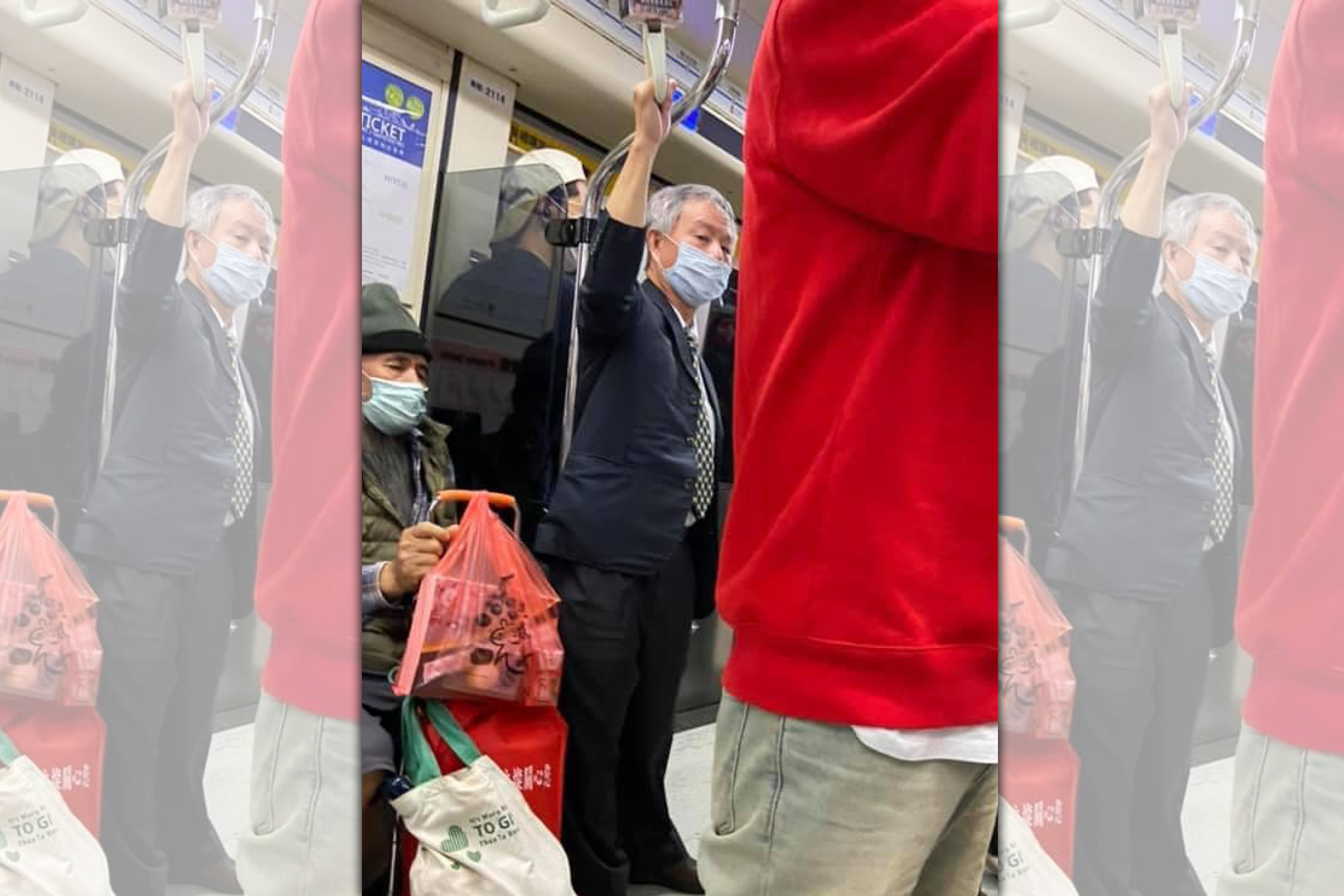 前衛生署長楊志良又被爆料,去年10月北捷已宣布配合指揮中心需戴口罩才能搭乘,他脫口罩講電話被制止後,不但不將口罩戴完整,還狠瞪民眾。(翻攝自Emmy追劇時間臉書)