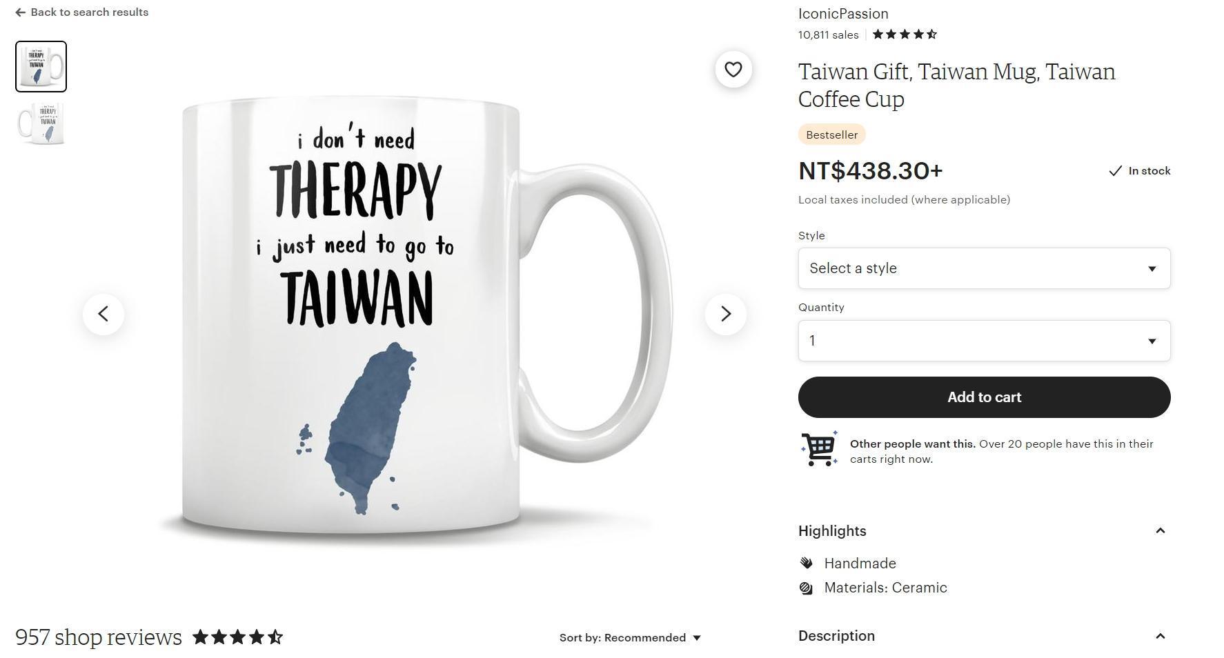 「我不要治療,只需去台灣」的防疫馬克杯,在國外引發網友熱議。(翻攝自Etsy網站)