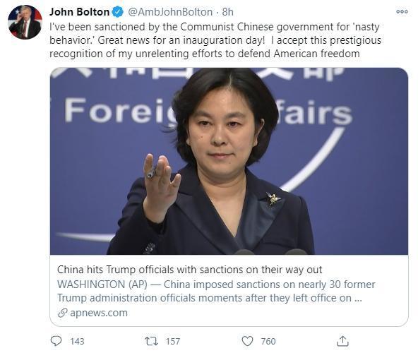 波頓表示，被中國政府制裁是他捍衛美國自由的光榮認證。（翻攝自波頓推特）