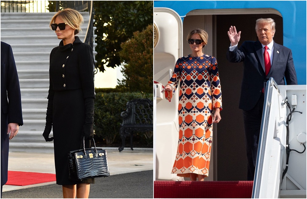 前第一夫人梅蘭妮亞離開白宮時拎著愛馬仕柏金包（左圖），抵達棕櫚灘後換上一身GUCCI連身裙，心情大好。（翻攝推特）