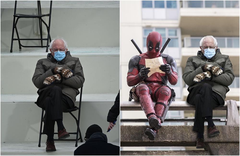 桑德斯打扮樸素現身就職大典,翹腳坐的照片被瘋狂P圖轉載。(翻攝推特)