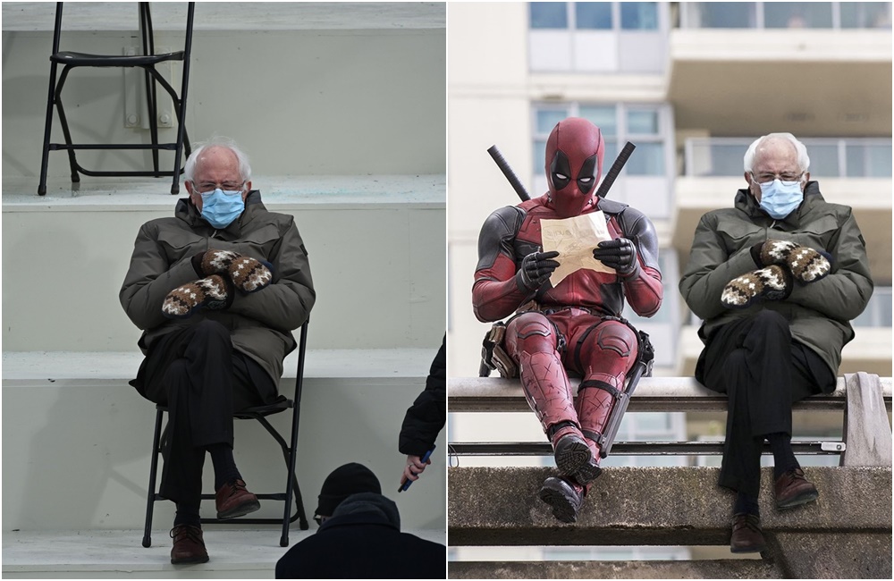 桑德斯打扮樸素現身就職大典，翹腳坐的照片被瘋狂P圖轉載。（翻攝推特）