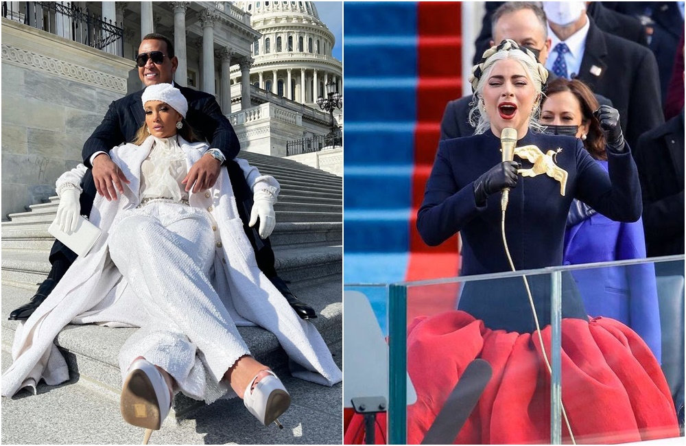 珍妮佛羅培茲與未婚夫A-Rod（左圖）現身國會山莊，與女神卡卡（右圖）在總統就職典禮分別獻唱。（翻攝IG、推特）