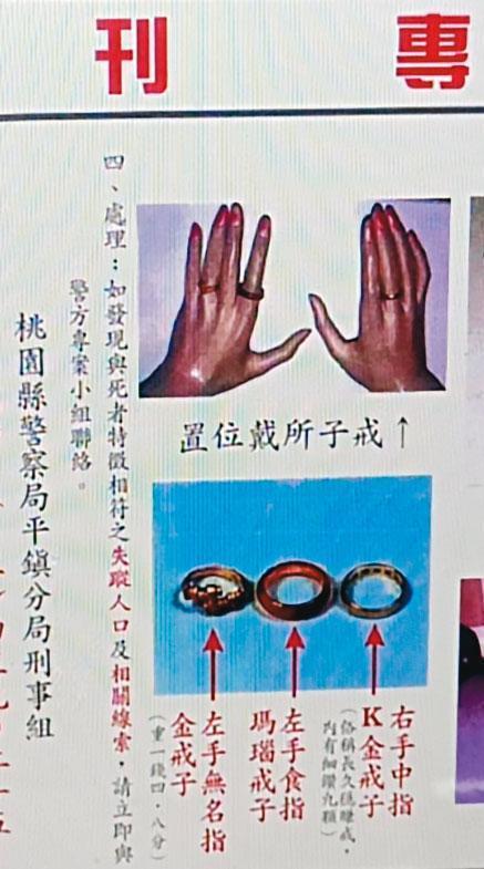 案發後，警方公布焦屍手上的戒指材質，希望家屬出面指認。（翻攝畫面）