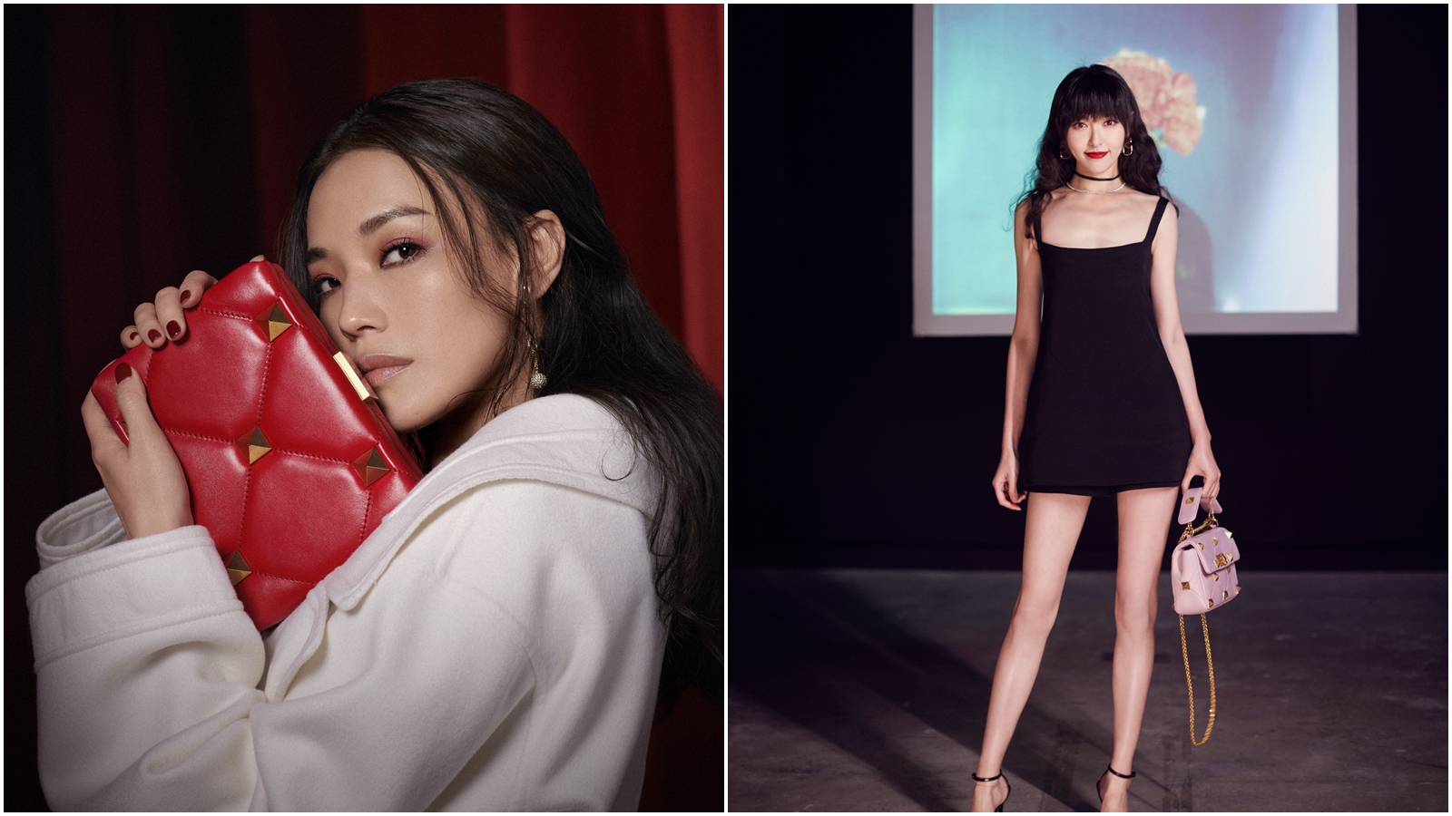 舒淇（左）與唐嫣（右）手拎VALENTINO推出的節日限定系列包。（Valentino Garavani提供）