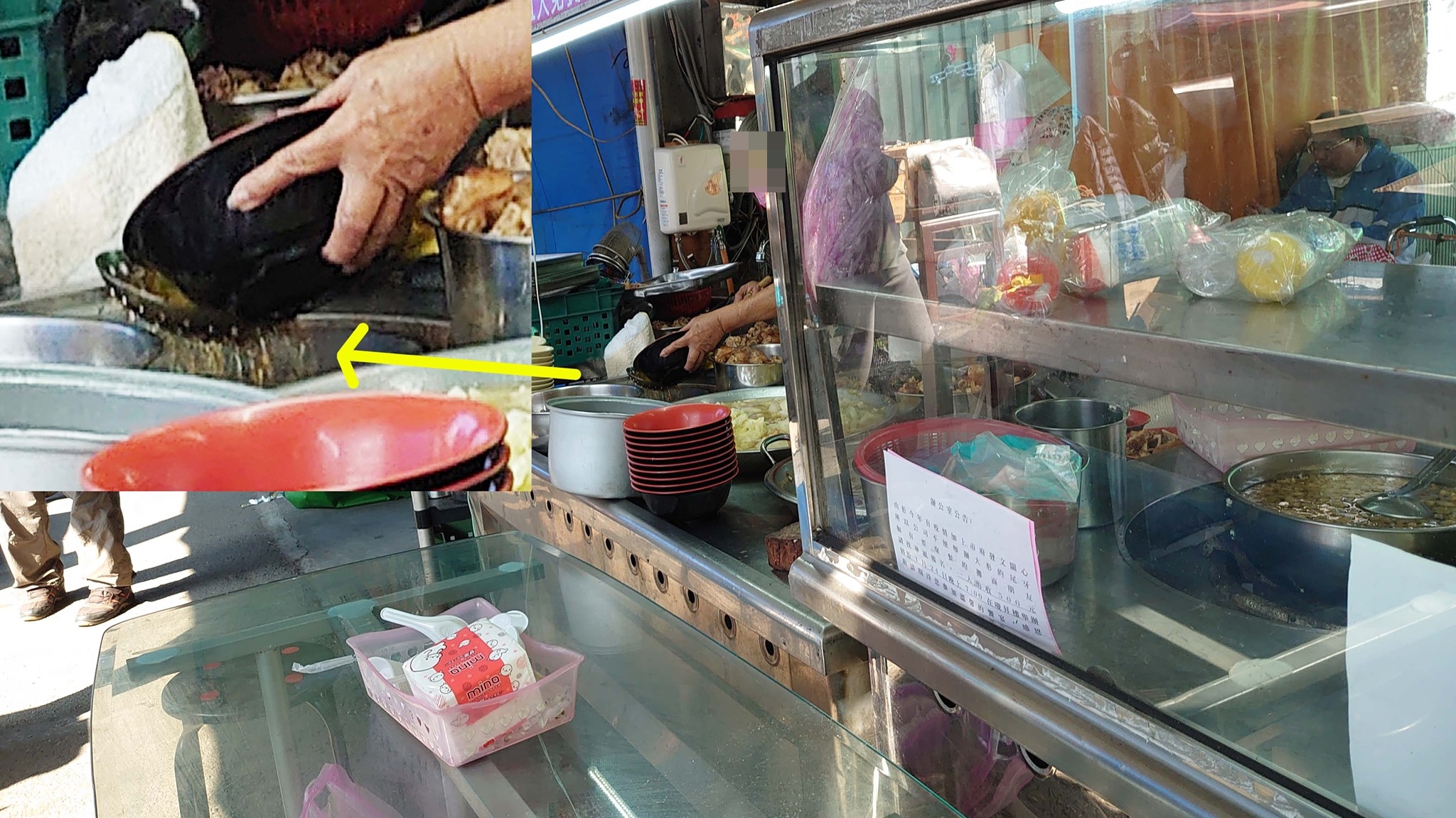 男子檢舉高雄跳蚤市場攤商將剩湯回倒。（翻攝自爆料公社二社）