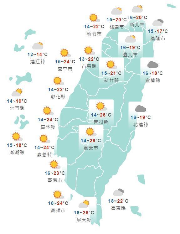 全台各地今日白天天氣狀況一覽。（翻攝自中央氣象局）