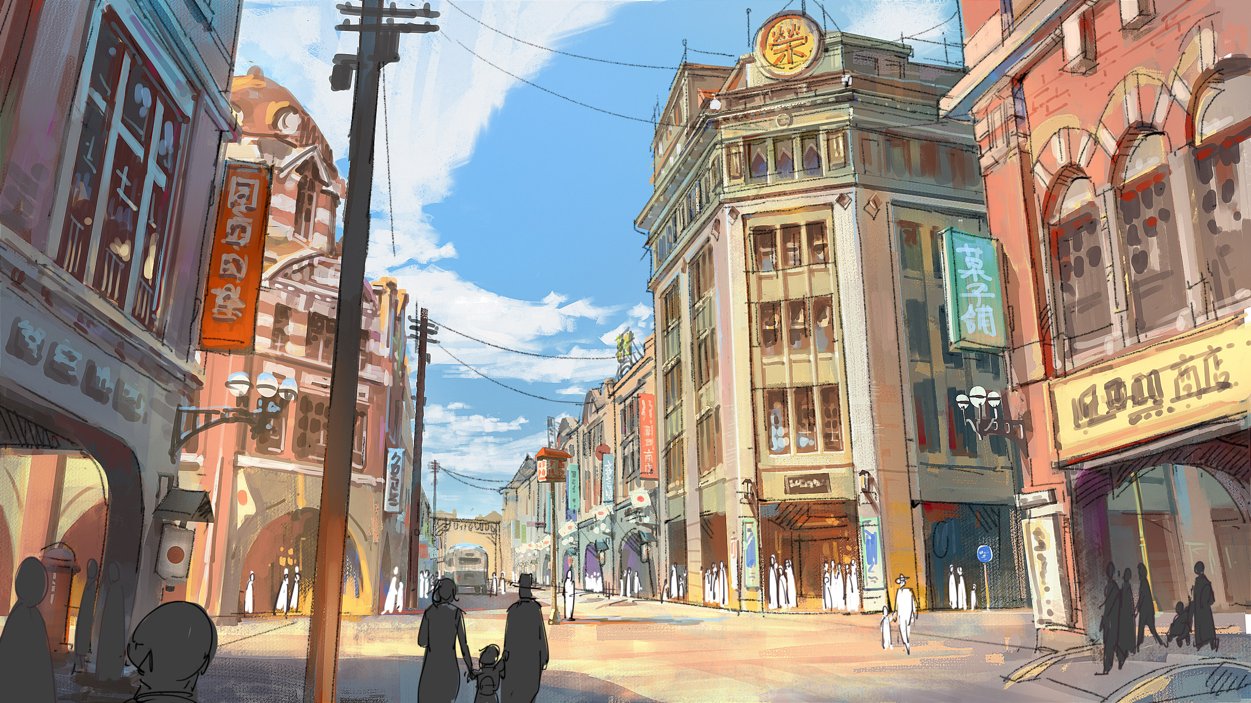 《台北大空襲 -The Game-》開發概念圖，1930年代的榮町（今衡陽路一帶）街景。（迷走工作坊提供）