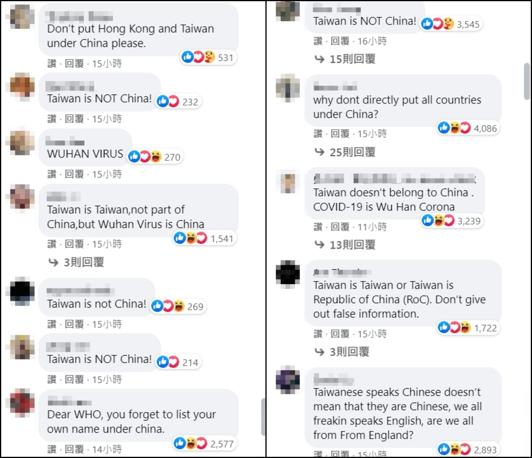 WHO的臉書粉專近日將台灣列在中國之下,引發網友不滿。(翻攝自WHO西太平洋地區粉專)
