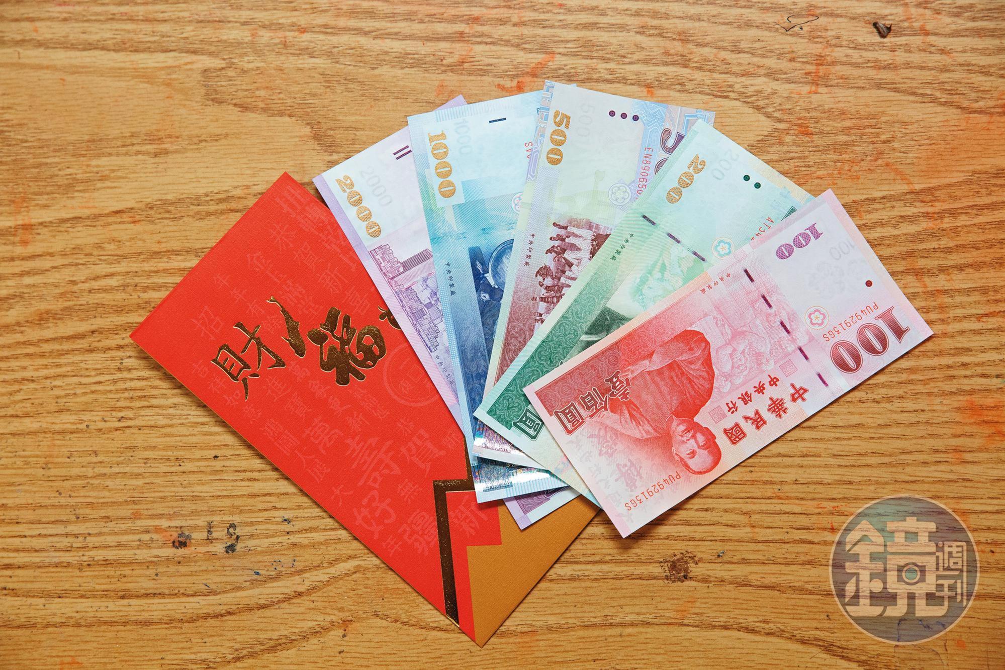 佩甄自備新台幣100、200、500、1,000、2,000元等5種不同色的鈔票當發財金。