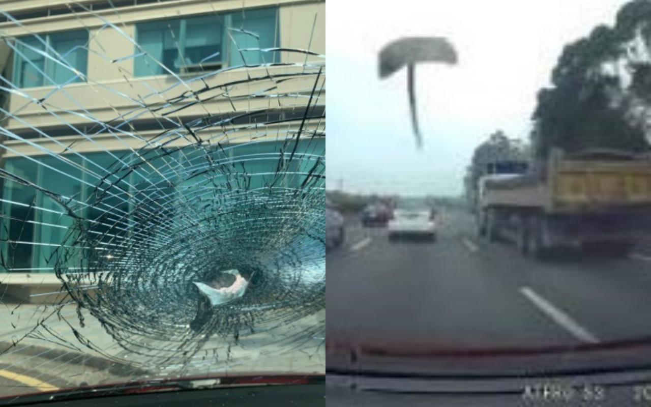 網友駕車北上在高速公路遭「飛斧」砸爛擋風玻璃，畫面怵目驚心。（翻攝自爆料公社、YouTube）
