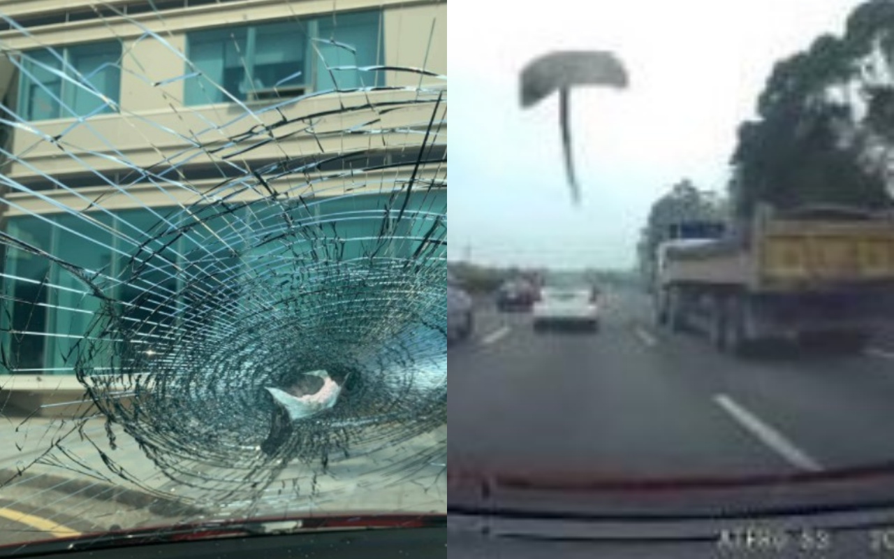 網友駕車北上在高速公路遭「飛斧」砸爛擋風玻璃，畫面怵目驚心。（翻攝自爆料公社、YouTube）