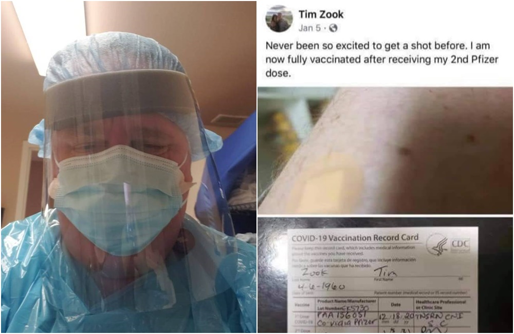 60歲的提姆祖克在接種第二劑輝瑞疫苗後,興奮在臉書發文。(翻攝Tim Zook臉書)