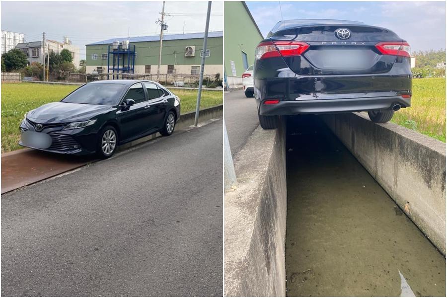 苗栗頭份有一台車懸空停在水溝上方,右側輪胎壓在細窄的水溝護堤,讓人好奇到底是怎麼停的?(翻攝自曾玟學 苗栗縣議員臉書)