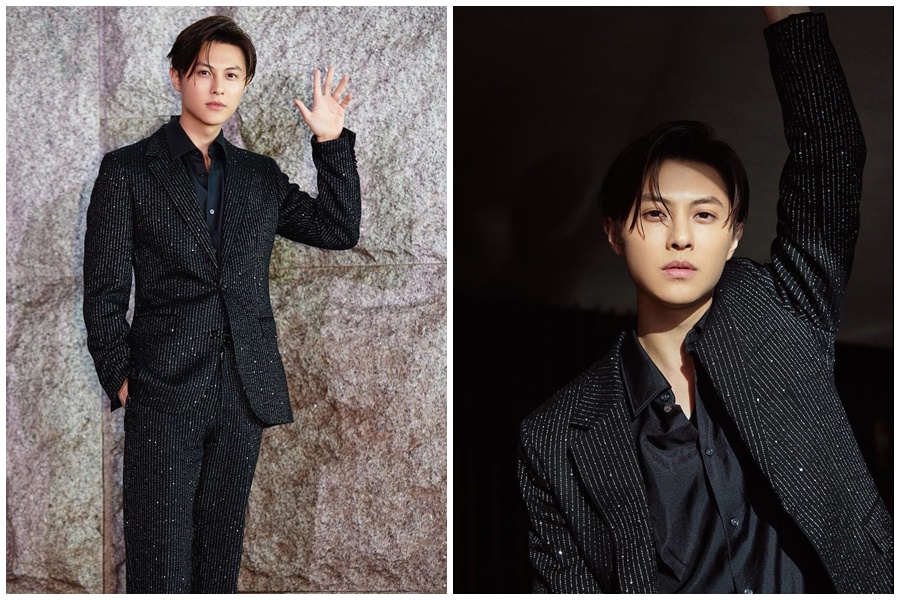 王子邱勝翊出席電影《山中森林》演員卡司發布會，身穿BOSS 2021春季黑色亮片條紋西裝，展現低調奢華魅力。（BOSS提供）