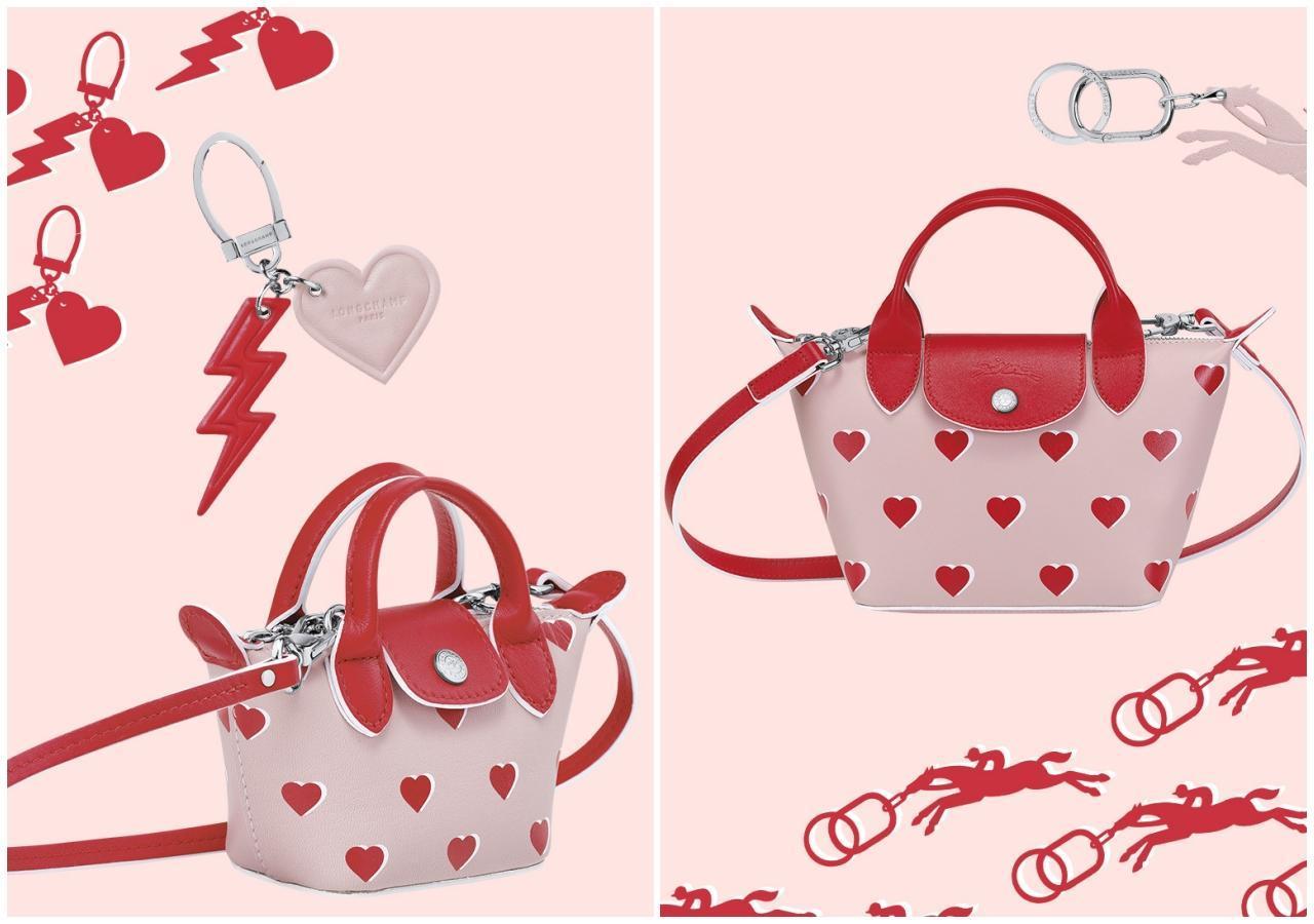 LONGCHAMP Le Pliage情人節限定包款推出兩種尺寸以及兩個可愛鑰匙圈。（LONGCHAMP提供）