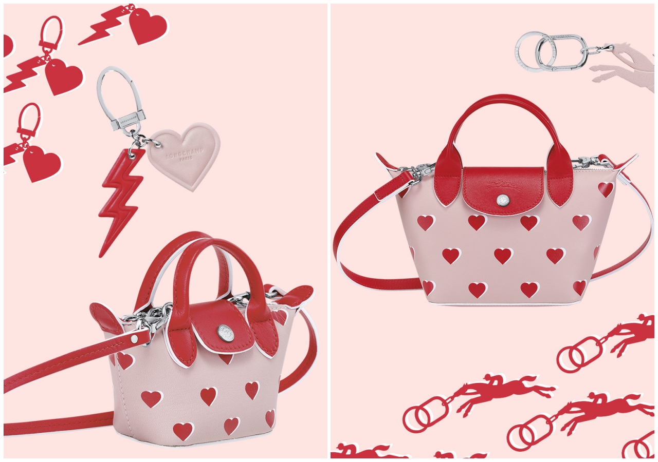 LONGCHAMP Le Pliage情人節限定包款推出兩種尺寸以及兩個可愛鑰匙圈。（LONGCHAMP提供）