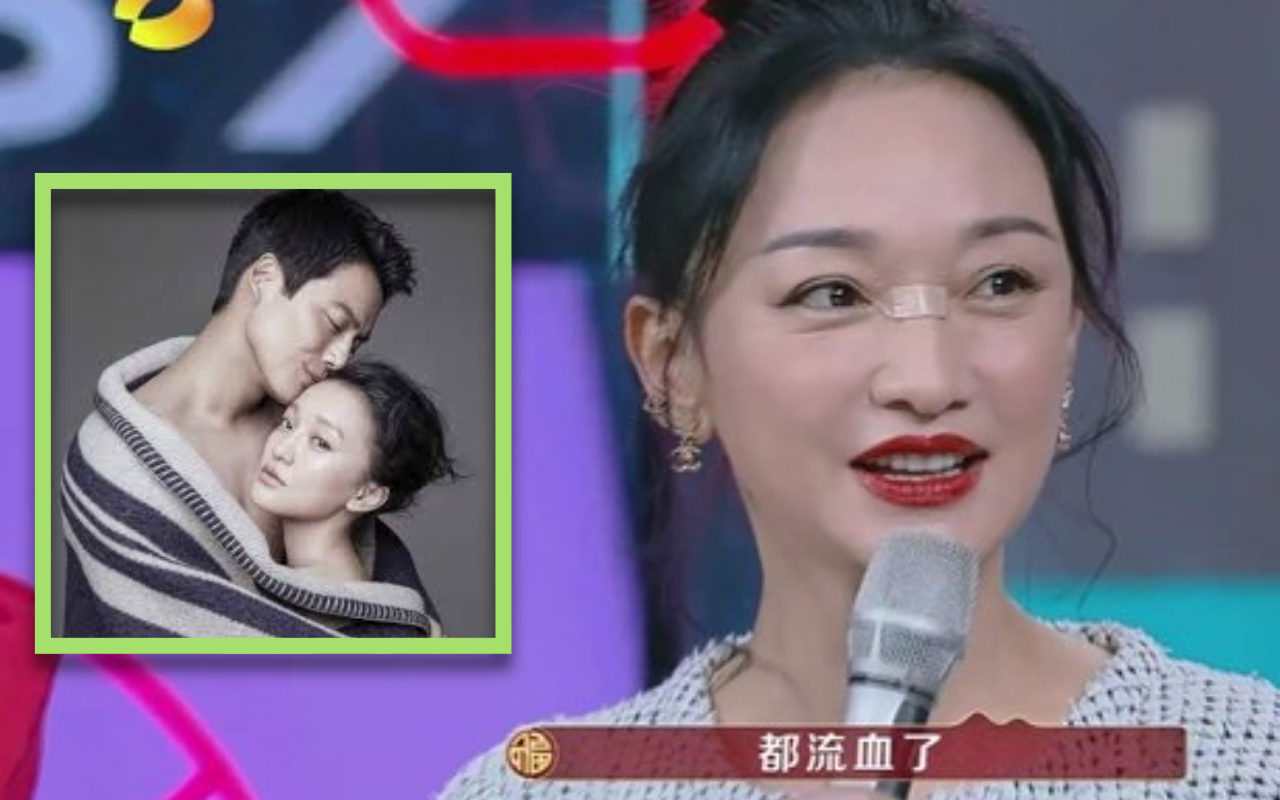 周迅宣布離婚後,首上《快樂大本營》宣傳新片,驚見鼻梁受傷,貼了OK繃。(翻攝自微博)