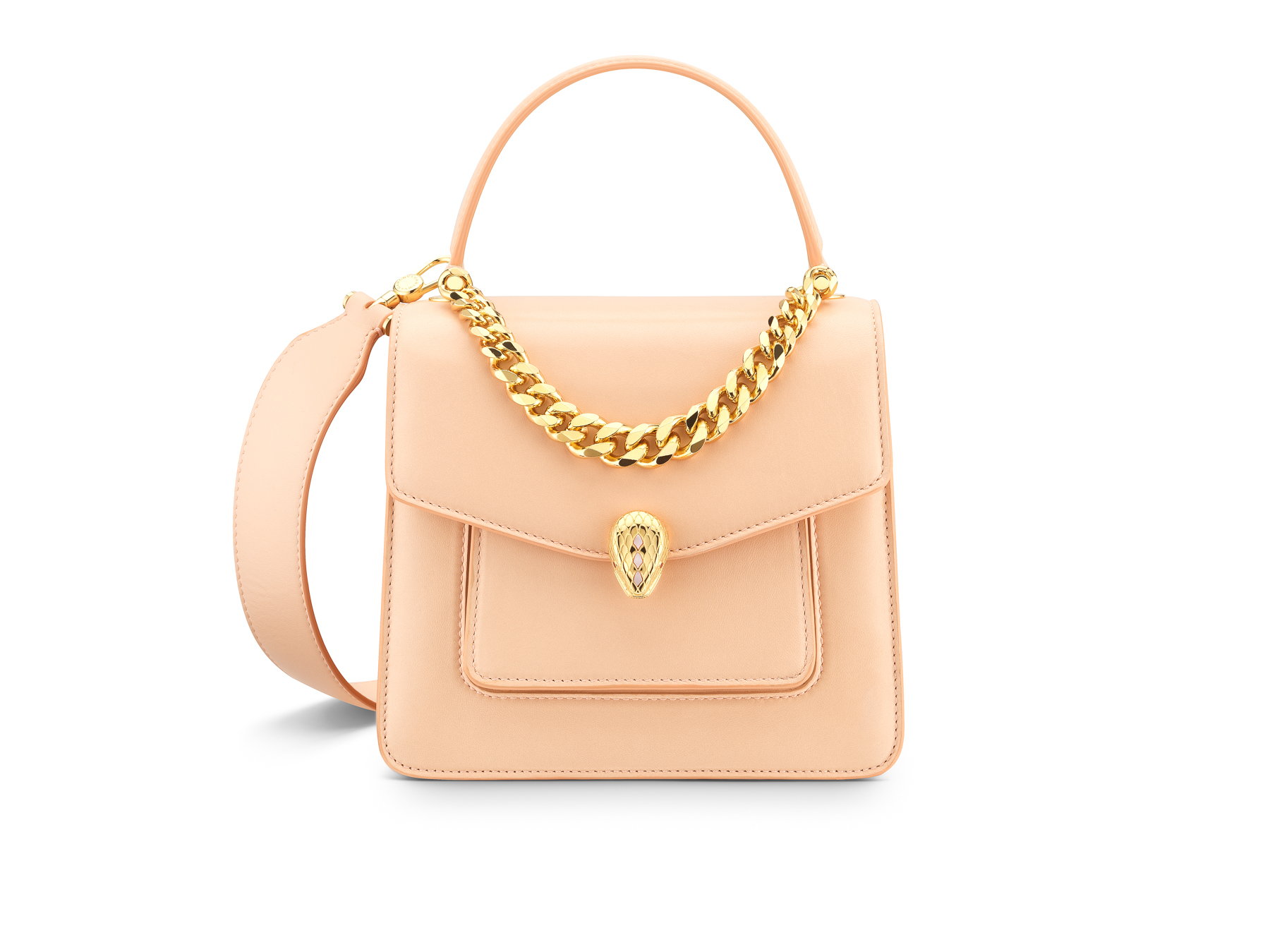 Serpenti Forever Maxi Chain蜜桃色小羊皮手提肩背包。NT$93,000。（寶格麗提供）