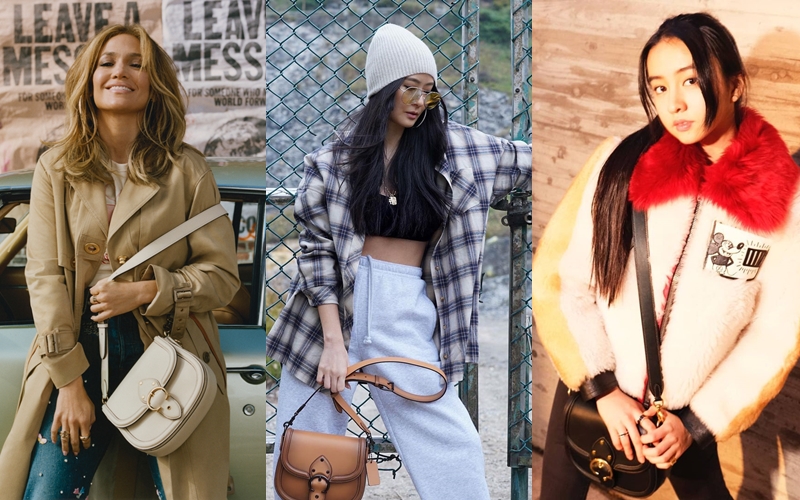 （左起）珍妮佛羅培茲（Jennifer Lopez）、孫芸芸、Koki以不同方式演繹Beat Saddle手袋，但以孫芸芸最為吸睛出眾。（COACH提供）