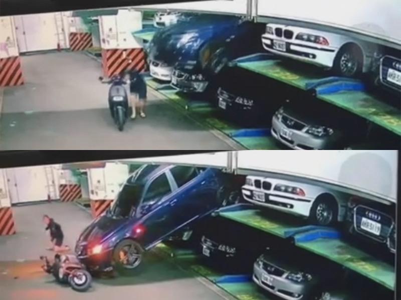 所幸事主反應敏捷,先低頭躲過滑落車輛又往後倒,但手邊機車已被砸壞。(翻攝自爆廢1公社)