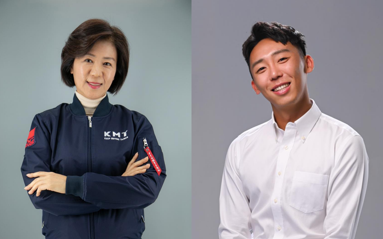 王育敏（左圖）拍攝國民黨飛行外套宣傳照，范綱皓（右圖）稱其為「阿姨」。（翻攝自國民黨青年部、范綱皓臉書）