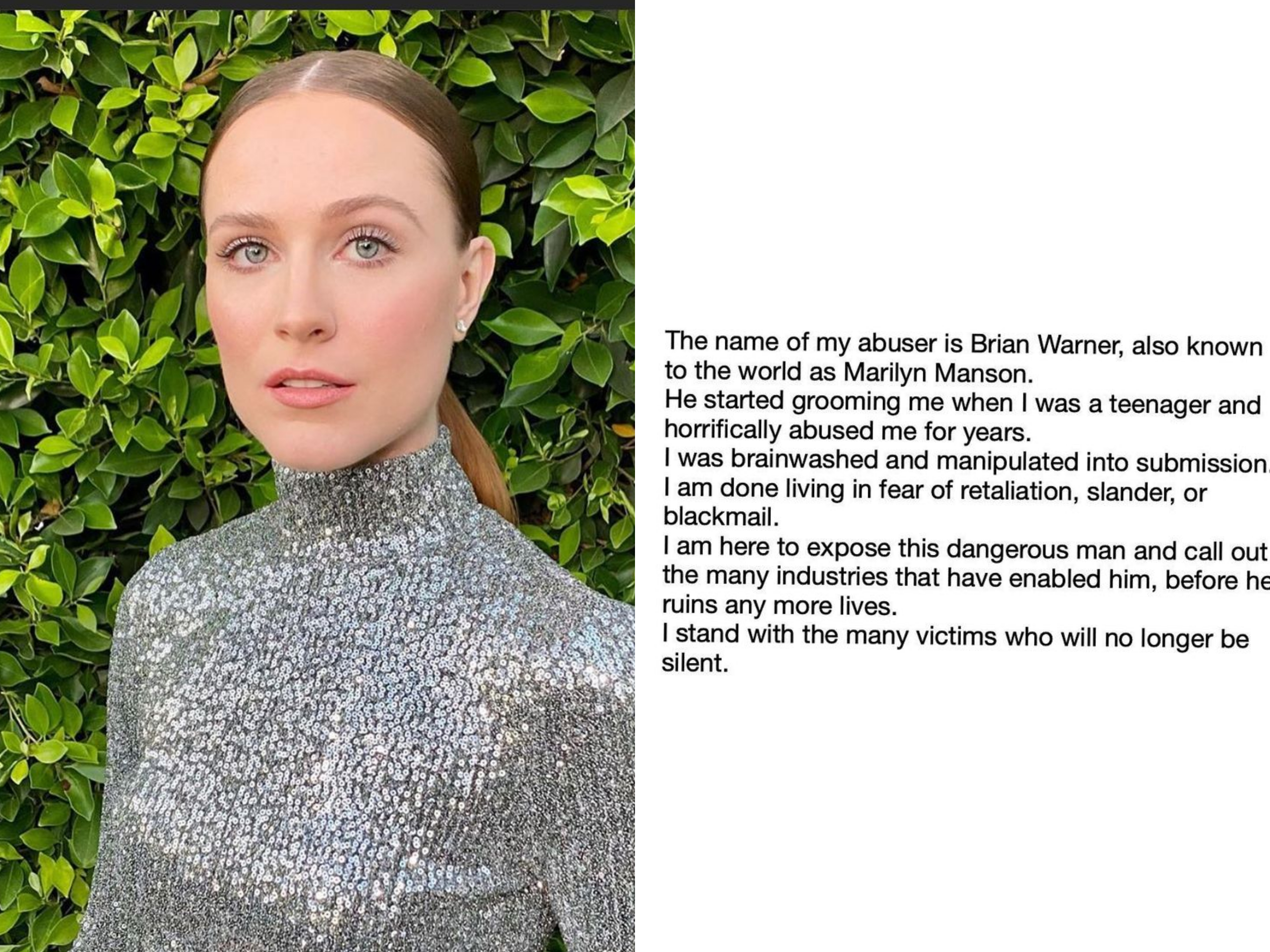 女星伊凡瑞秋伍德公開指控前未婚夫瑪麗蓮曼森對她施虐、性侵。（翻攝自伊凡瑞秋伍德IG）